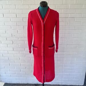 Vintage red polyester knit button down dress